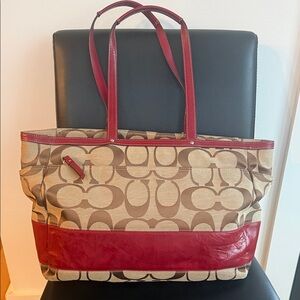 Coach Red and Tan Signature Tote